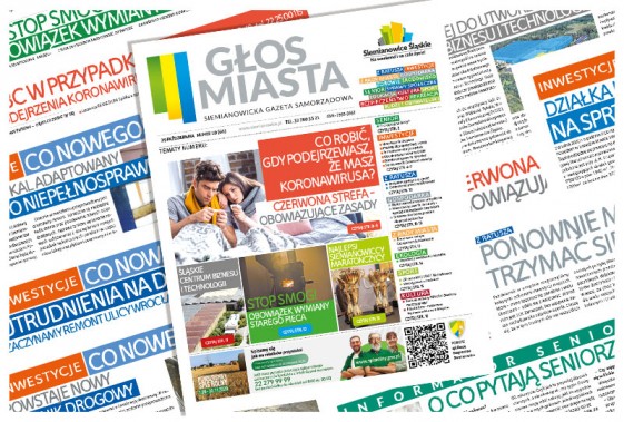Grafika składająca się kilku stron Głosu Miasta, siemianowickiej gazety samorządowej.
