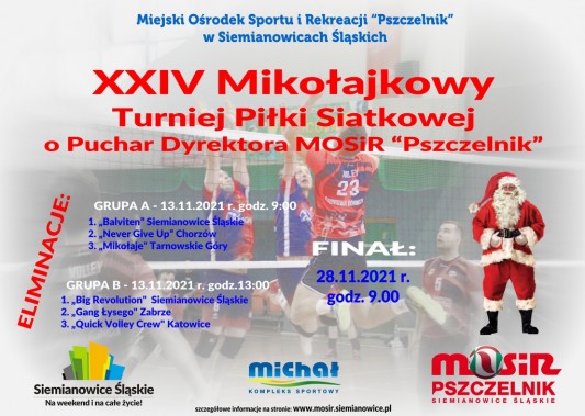Plakat zapraszający na Mikołajkowy Turniej Piłki Siatkowej o Puchar Dyrektora MOSiR "Pszczelnik"