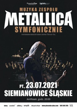 Plakat koncerty z muzyką zespołu Metallica w wersji symfonicznej. Na czanrym tle muzyk z gitarą,…