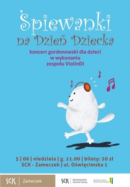 Plakat informacyjny na niebieskim tle rysunek białego kota ze słuchawkami na uszach i nutkami